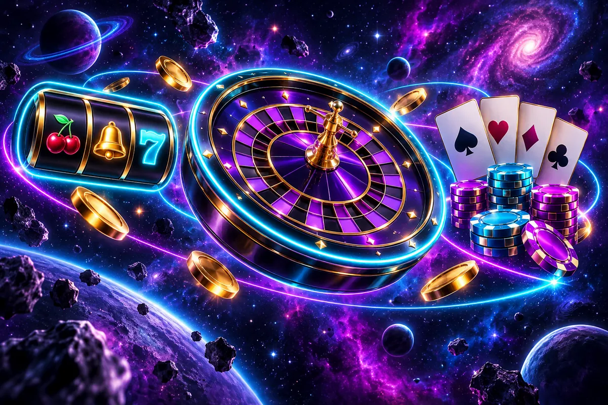Ruleta, cartas y rodillos de tragamonedas con luces neón cian y moradas en el espacio